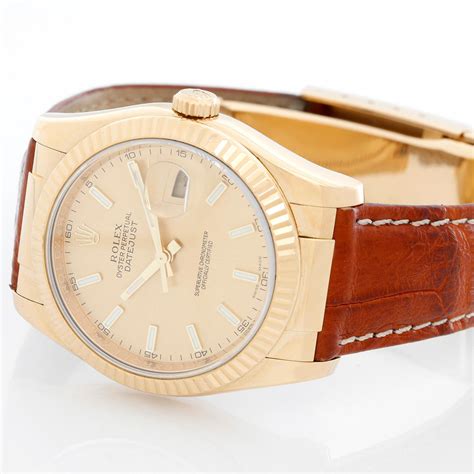 gold rolex leather|Rolex with a leather band.